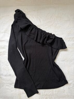 J. Crew Black One-Shoulder Ruffle Ribbed Long Sleeve Top